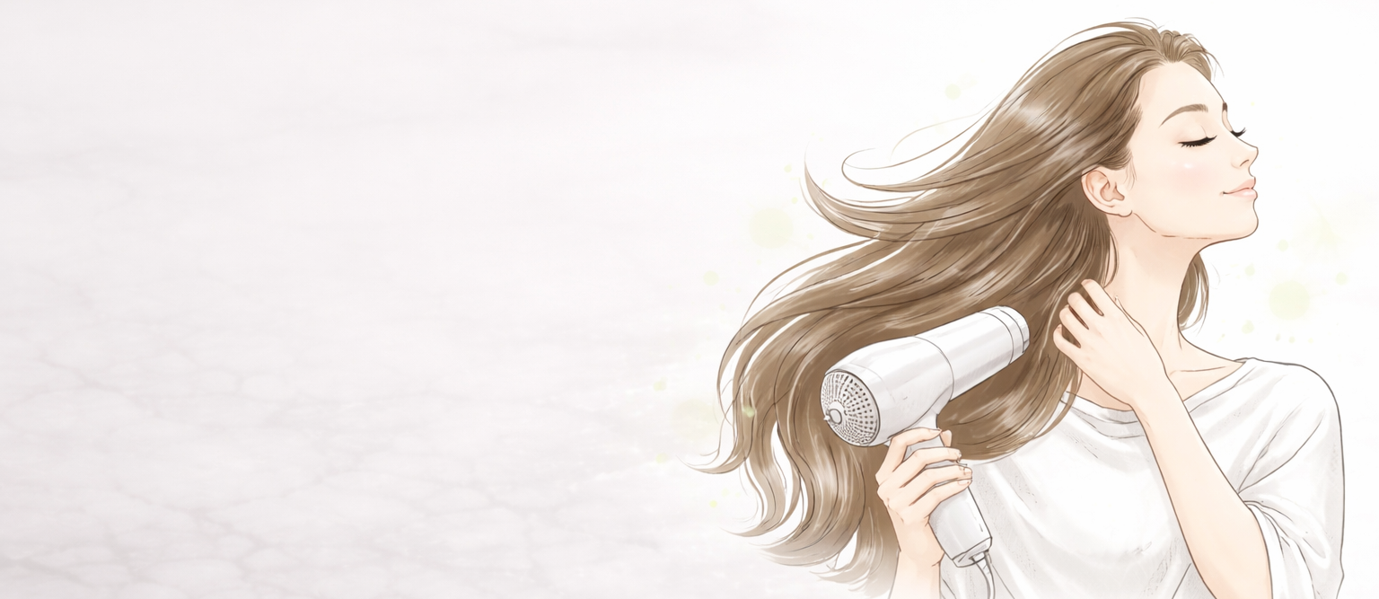 女性がドライヤーで髪を乾かしている画像